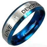New Stainless Steel Blue Anodised Love Band Ring With CZ Stone, 5mm Wide.