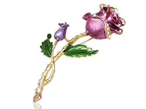 Alilang Gold Tone Purple Violet Green Romantic Rose Flower Stem Leaf Brooch Pin