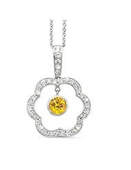 Open Carnation Floral Diamond Pendant With A Round Center Stone In 18K White Gold With A 0.70 ct. Genuine Yellow Sapphire Center Stone.