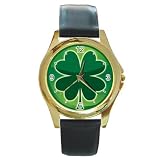 Round Gold Metal Watch of Green Shamrock (Celtic, Club, Gold, Irish, Ireland, Little, Charm, Cross,...
