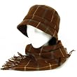 New Plaid Stripe Bucket Cap Hat Scarf Wrap Set Brown Small Medium