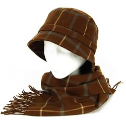 New Plaid Stripe Bucket Cap Hat Scarf Wrap Set Brown Small Medium