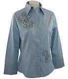 Christine Alexander Pale Sky Blue Colored Cuffed Sleeve Button Front Blouse Accented With White & Black Swarovski Crystals and Black Studs - Crystal Sketched Floral