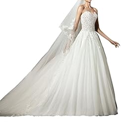 Strapless  Applique Lace Tulle Natural   Waistline  Ball Gown Wedding Dress  with a Chapel Train 