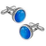 Men's Catseye Greek Key Edging Cufflink by Principessa in Blue / Silver