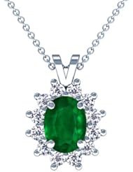 Platinum Oval Cut Emerald And Round Diamond Pendant