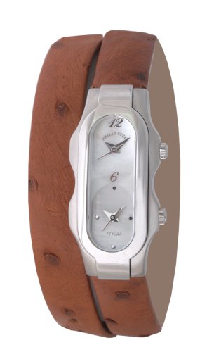 Philip Stein Teslar Womens Brown Ostrich Strap Mother of Pearl Dial Dual Time Watch 4 F MOP OWT