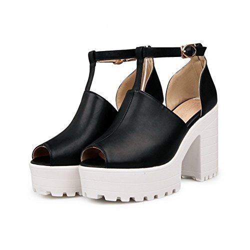 Maymeenth Womens Open Peep Toes High Heel Chunky Platform PU Solid Sandals with T-strap