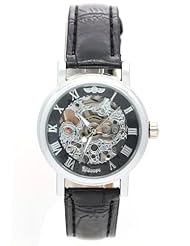 WINNER Womens Black Dial Carved Design Leather Strap Skeleton Automatic Winding Watches