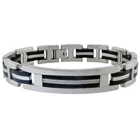 Stainless Steel Men's Bracelet w/ Rubber, Black Plating & Cable, 8''