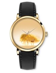 SPRAWL Aanalog Fashion Series Gold Ladies Watches of Genuine Black Leather Strap,Unique Wrist Watch for Women Girls Designed with lost deer