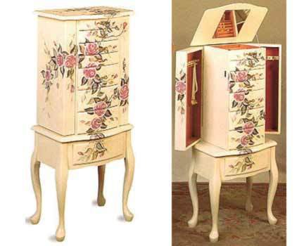 Wood Jewelry Armoire Dresser/chest with Hand Painted Floral Accents and Queen Anne Based Legs