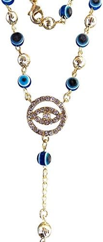 28" Gold Plated Evil Eye and Hamza Hand Rosary Y Necklace, with crystal accents.