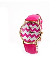 Popular Geneva Stripes Watch PU Leather Woman Man Analog Quartz Wrist Watches（rose red）