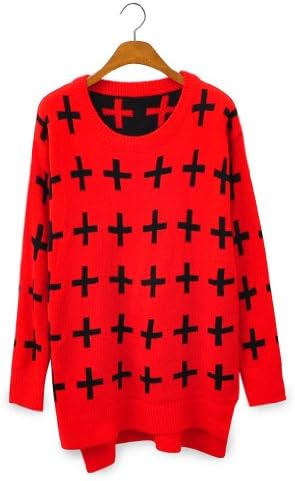 Vintage Red Long Sleeve Cross Embroidery Pullovers Sweater for Women