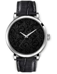 SPRAWL Aanalog Fashion Series Silver Ladies Watches of Genuine Black Leather Strap,Unique Wrist Watch for Women Girls Designed with Palace Flowers pattern