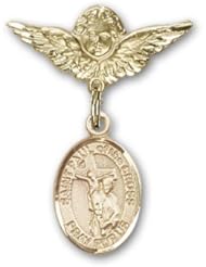 Gold Filled Baby Badge with St. Paul of the Cross Charm and Angel with Wings Badge Pin