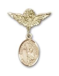 14K Gold Baby Badge with St. Paul of the Cross Charm and Angel with Wings Badge Pin