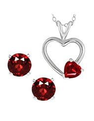 2.20 Ct Heart Garnet Sterling Silver Pendant Earrings Set With 18" Silver Chain