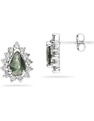 6X4mm Pear Shaped Green Amethyst and Diamond Flower Earrings in 14k White Gold