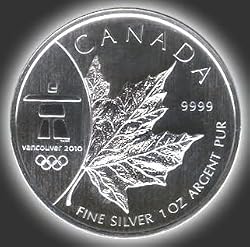 2008 Silver Maple Leaf Vancouver Olympics Maple Leaf Silver Five Dollar 1 Oz Royal Canadian Mint Contains .9999 of Pure Silver