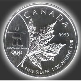 2008 Silver Maple Leaf Vancouver Olympics Maple Leaf Silver Five Dollar 1 Oz Royal Canadian Mint Contains .9999 of Pure Silver