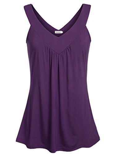 Women Sleeveless Tunic Top Pleated V Neck Tanks Vest Purple L