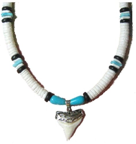 Native Treasure Custom Shark Tooth Puka Shell Necklace with Sharks Carved in Silver – 18″ Inch