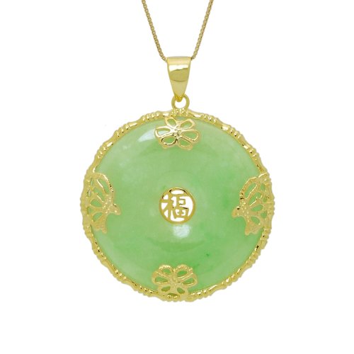 Gold Plated Sterling Silver Green Jade Medium Disc Pendant