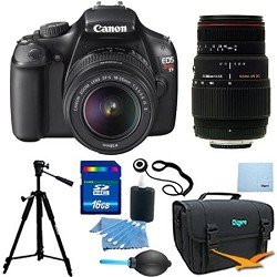 EOS Rebel T3 SLR Digital Camera w/ 18-55mm Lens II and Sigma 70-300mm F/4-5.6 LD Telephoto Zoom Pro Kit. Kit Includes 16GB Memory Card, Compact Deluxe Gadget Bag, Tripod, 3pc. Lens Cleaning Kit, Professional Blower, and more.
