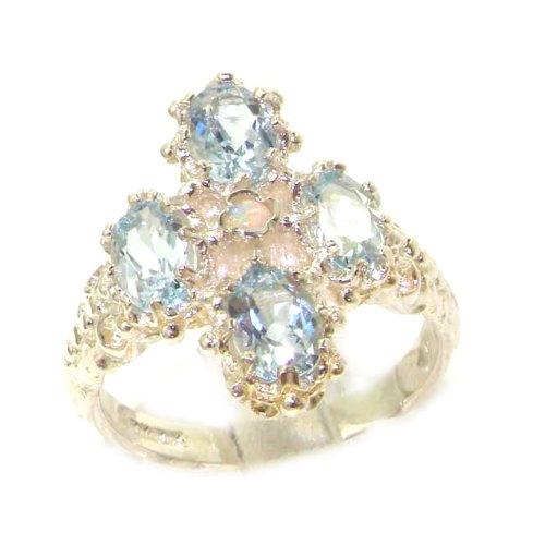 Heavy Weight Victorian Design Solid Sterling Silver Natural Aquamarine & Fiery Opal Ring - Finger Sizes 5 to 12 Available