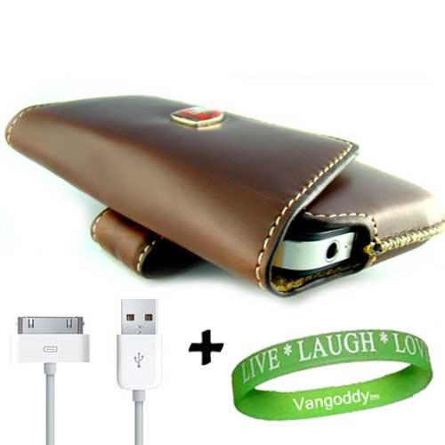 iPhone 4S SWISS ARMY Accessories Kit: Brown SWISS Leatherware Holster Case + Cellet APPLE APPROVED iPhone 4S Sync Data Cable + Live * Laugh * Love VG Silicone Wrist Band!!!
