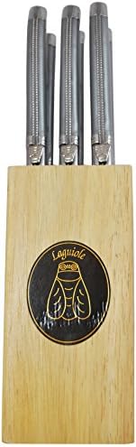 Neron Coutellerie Laguiole 6 Piece Steak Knife Set with Plates and Metal Gray Handle with Wooden Block by Jean Neron