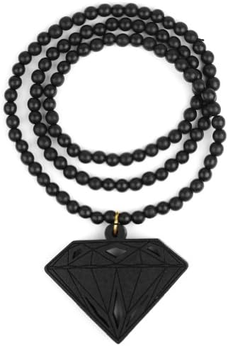 Hip-Hop Fashion Good Wood Diamond Shape Pendant Ball Bead Chain Necklace Black