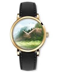 SPRAWL Aanalog Fashion Series Gold Ladies Watches of Genuine Black Leather Strap,Unique Wrist Watch for Women Girls Designed with Painting Mountains