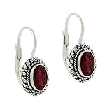 Sterling Silver .925 Genuine Garnet Stone Oval Twist Border Dangle LeverBack Lever Back Earrings