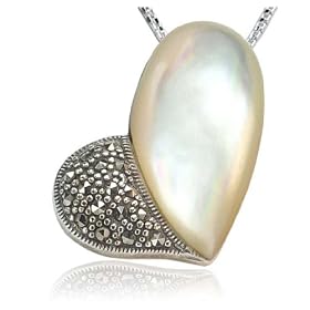 Unique Heart Slider Pendant, White (Cream) Mother of Pearl with Marcasite, Sterling Silver (2065)