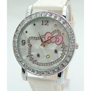 Hello Kitty Crystal and Mother of Pearl Background White Band Watch & Hello Kitty Pouch + Extra Battery - Brand New