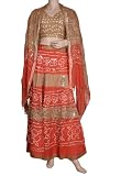 Indian Handmade Tie & Dye Bandhej-Bandini Lehenga Choli With Golden Block Print, Sequins & Beads Work