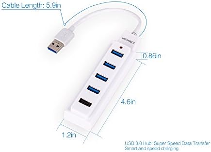 Ukonnect Mini USB 3.0 5-port Portable Hub with 1 Bc Charging Port 5v 1a (For Smartphones - Iphone, Samsung, Htc, Etc.,), Built-in Cable: Super Speed Data Transfer; Smart and Speedy Charging