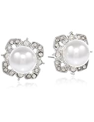 Roman Bride Simulated White Pearl and Crystal Flower Button Earrings