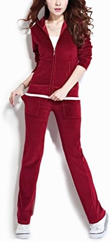 ReliBeauty Womens Pure Color Hood Velour Tracksuit Set Sports Jacket (Small, Date Red)