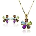 Yellow Gold Plated Sterling Silver Multi-Gemstone Flower Earrings and Pendant Set, 18