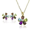 Yellow Gold Overlay Sterling Silver Multi-Gemstone Flower Earrings and Pendant Set, 18"
