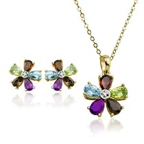 Yellow Gold Overlay Sterling Silver Multi-Gemstone Flower Earrings and Pendant Set, 18"