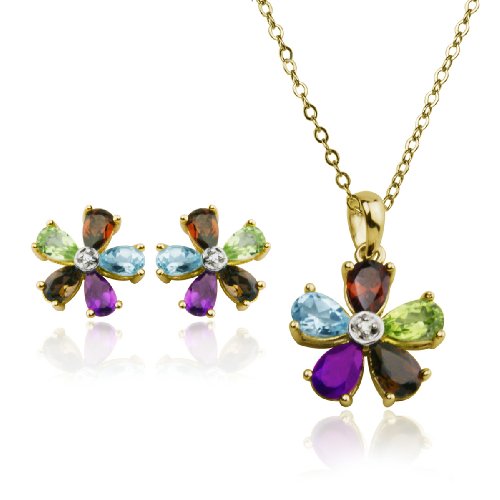 Yellow Gold Plated Sterling Silver Multi-Gemstone Flower Earrings and Pendant Set, 18