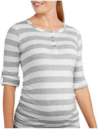 Planet Motherhood Maternity Roll Sleeve Striped Henley With Side Ruching (Medium, Heather Grey/White)