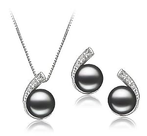 PearlsOnly Claudia Schwarz 7-8mm AA Süßwasser Platin 750 Perle Set