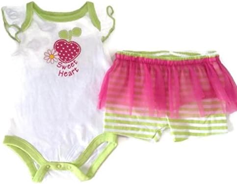 Swiggles Lime Green Stripe Shorts with Pink Tulle Tutu and Sweet Heart Bodysuit 3-6M