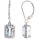 10k White Gold Lever Back Drop Earrings, w/ 0.25 Carat Brilliant Cut Diamonds & 1.00 Carat Emerald Cut (6x4mm) Aquamarine Stones, 1 1/16" (27mm) tall